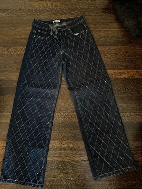 Dark Indigo Sparkling Diamond-Quilted Wide Leg Jeans